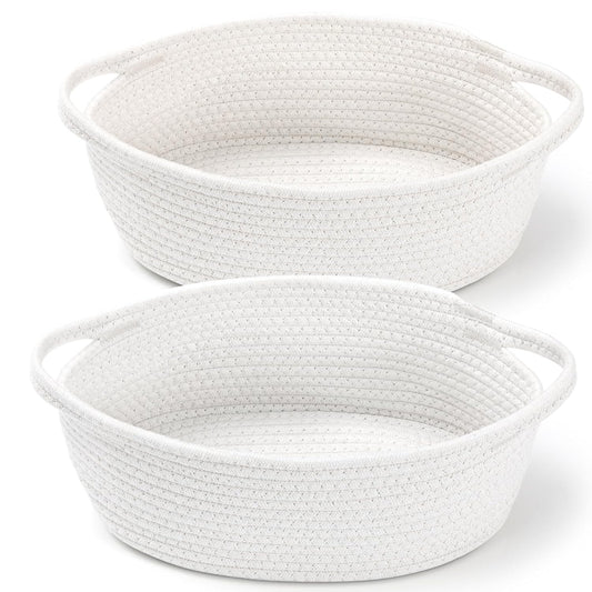 2 Pack Small Woven Basket with Gift Bags and Ribbons, Empty Decorative Chest Box, Cute Baby for Nursery, Cotton Rope Room Shelf Storage Handles, All 12"x 8"x 5",White White -