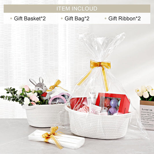 2 Pack Small Woven Basket with Gift Bags and Ribbons, Empty Decorative Chest Box, Cute Baby for Nursery, Cotton Rope Room Shelf Storage Handles, All 12"x 8"x 5",White White -