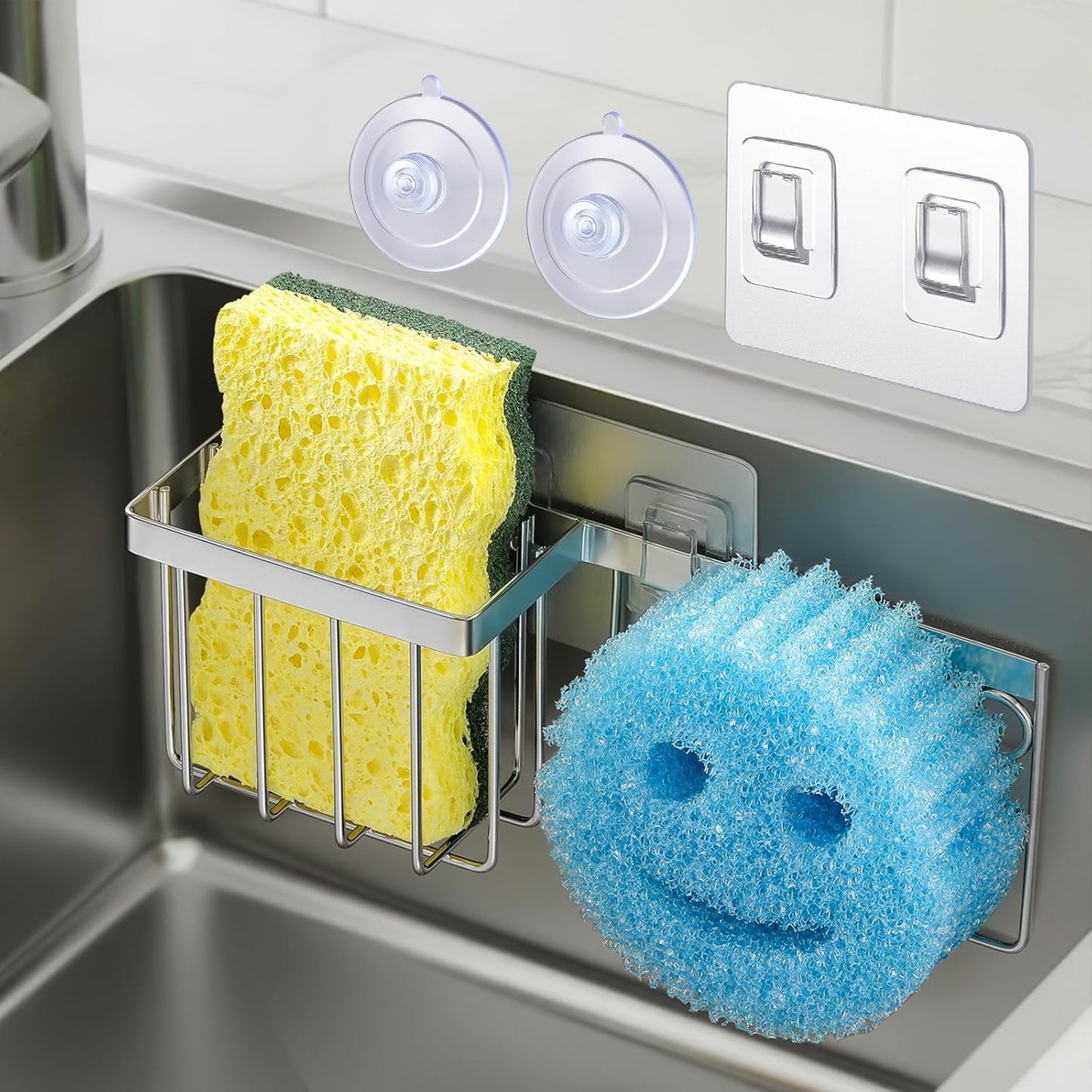 [Slim & Space-saving] Sponge Holder for Kitchen Sink, Caddy Scrub Daddy / Mommy Smiley Face, Sink Organizer Accessories Dish Brush, Scrubber -with 2 Suction Cups 1 Adhesive Hook Silver -