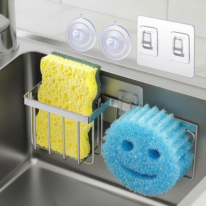 [Slim & Space-saving] Sponge Holder for Kitchen Sink, Caddy Scrub Daddy / Mommy Smiley Face, Sink Organizer Accessories Dish Brush, Scrubber -with 2 Suction Cups 1 Adhesive Hook Silver -