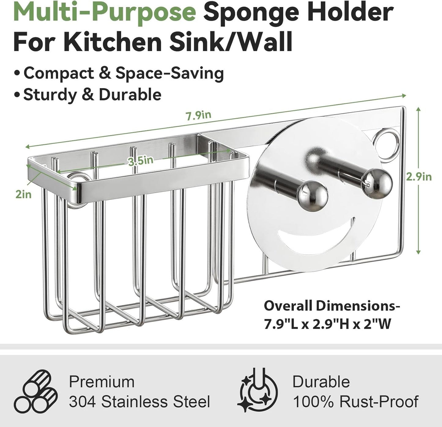 [Slim & Space-saving] Sponge Holder for Kitchen Sink, Caddy Scrub Daddy / Mommy Smiley Face, Sink Organizer Accessories Dish Brush, Scrubber -with 2 Suction Cups 1 Adhesive Hook Silver -