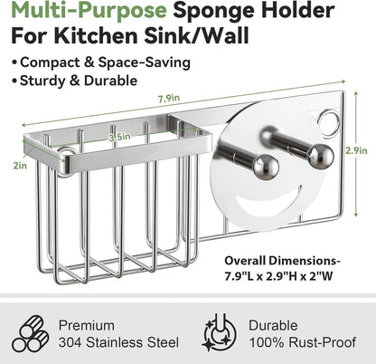 [Slim & Space-saving] Sponge Holder for Kitchen Sink, Caddy Scrub Daddy / Mommy Smiley Face, Sink Organizer Accessories Dish Brush, Scrubber -with 2 Suction Cups 1 Adhesive Hook Silver -