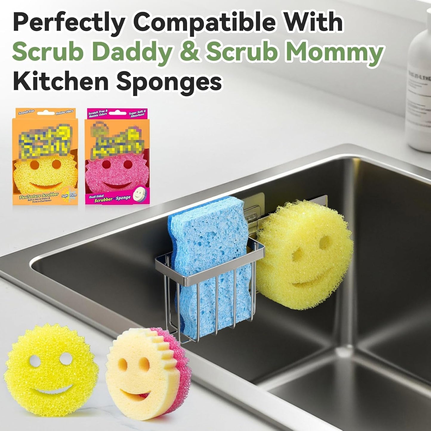 [Slim & Space-saving] Sponge Holder for Kitchen Sink, Caddy Scrub Daddy / Mommy Smiley Face, Sink Organizer Accessories Dish Brush, Scrubber -with 2 Suction Cups 1 Adhesive Hook Silver -