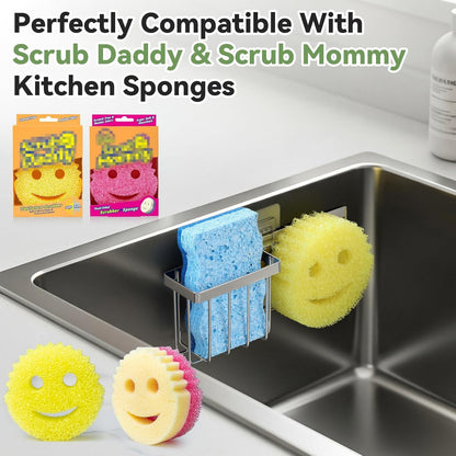 [Slim & Space-saving] Sponge Holder for Kitchen Sink, Caddy Scrub Daddy / Mommy Smiley Face, Sink Organizer Accessories Dish Brush, Scrubber -with 2 Suction Cups 1 Adhesive Hook Silver -