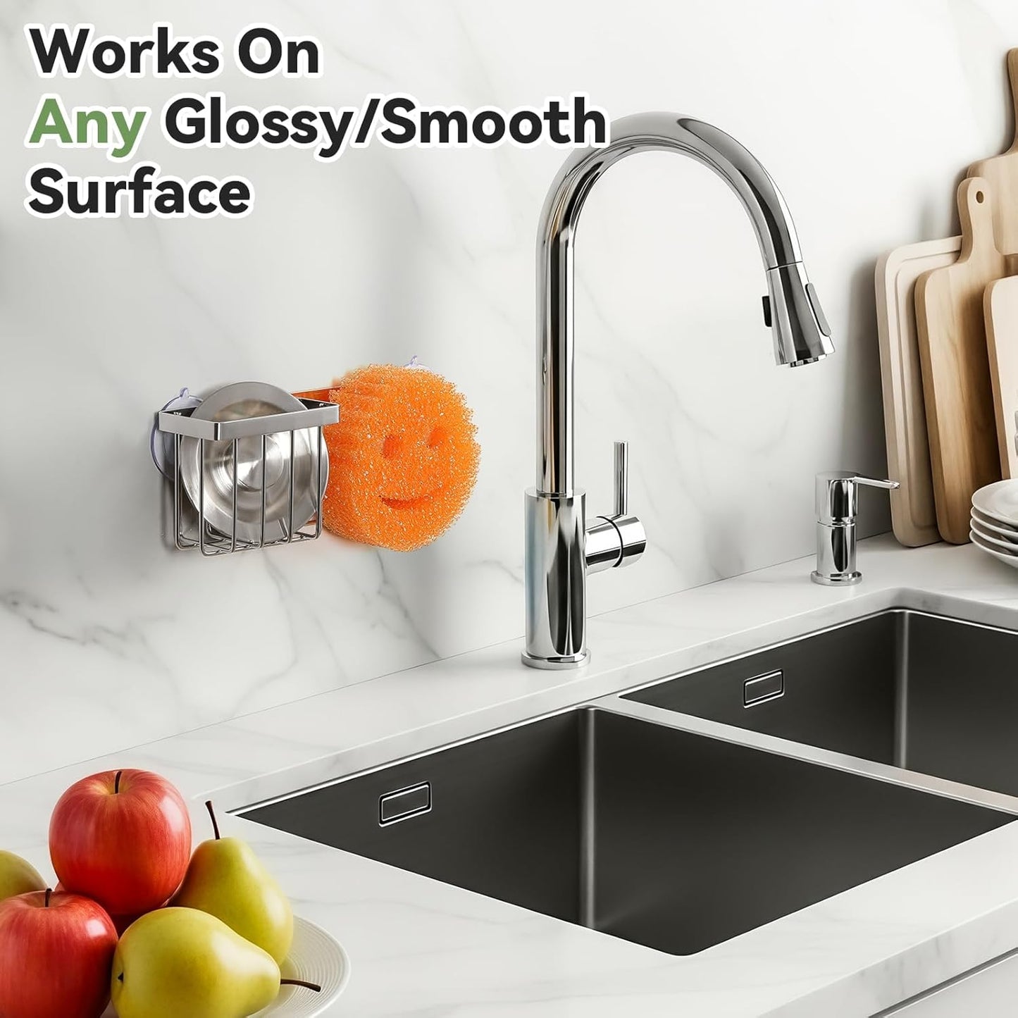[Slim & Space-saving] Sponge Holder for Kitchen Sink, Caddy Scrub Daddy / Mommy Smiley Face, Sink Organizer Accessories Dish Brush, Scrubber -with 2 Suction Cups 1 Adhesive Hook Silver -