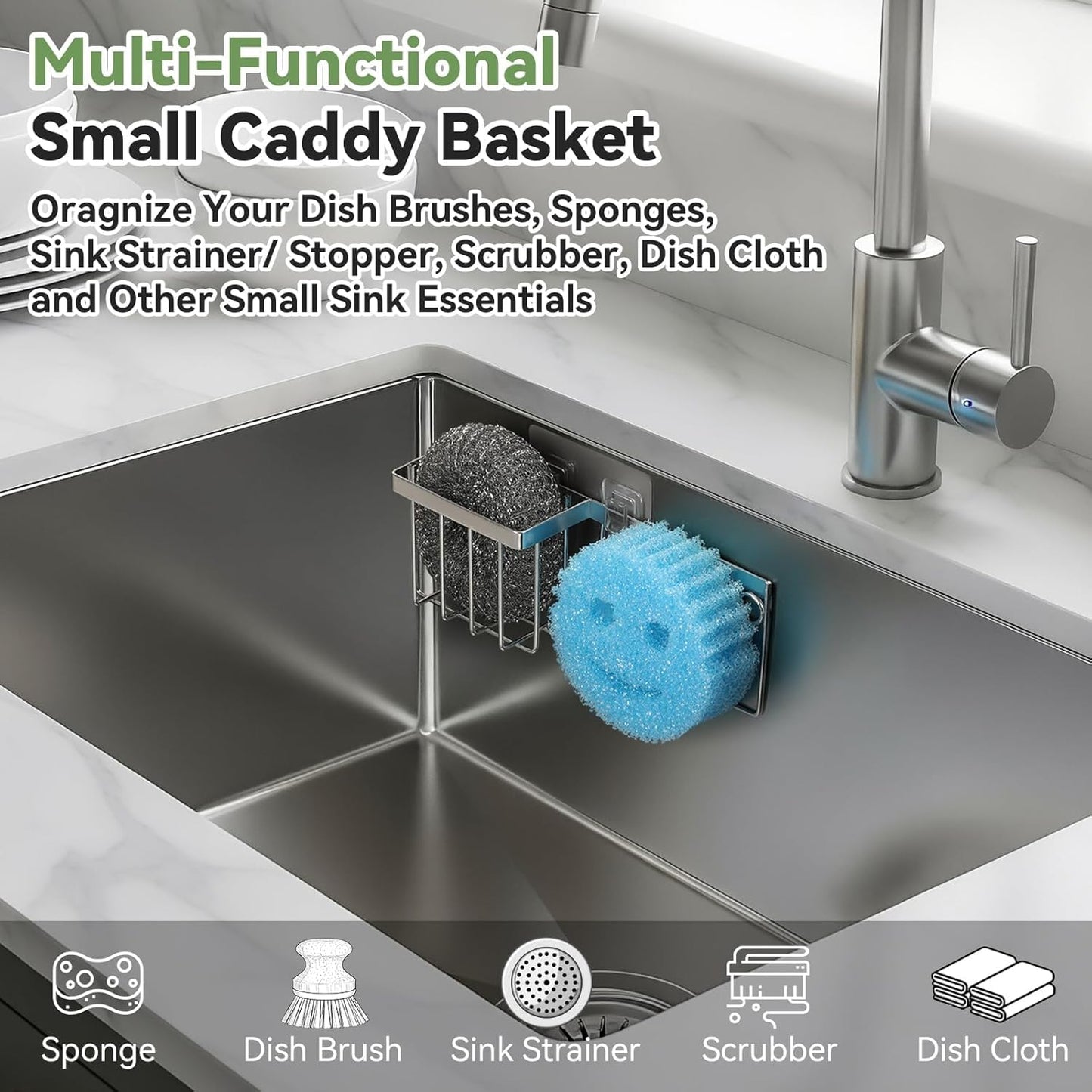 [Slim & Space-saving] Sponge Holder for Kitchen Sink, Caddy Scrub Daddy / Mommy Smiley Face, Sink Organizer Accessories Dish Brush, Scrubber -with 2 Suction Cups 1 Adhesive Hook Silver -