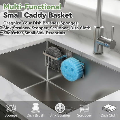 [Slim & Space-saving] Sponge Holder for Kitchen Sink, Caddy Scrub Daddy / Mommy Smiley Face, Sink Organizer Accessories Dish Brush, Scrubber -with 2 Suction Cups 1 Adhesive Hook Silver -