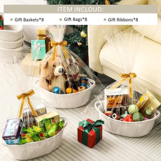 8 Pack Small Woven Basket with Gift Bags and Ribbons, All 12"x 8"x 5", Empty Decorative Chest Box, Cute Baby for Nursery, Cotton Rope Room Shelf Storage Handles, White -