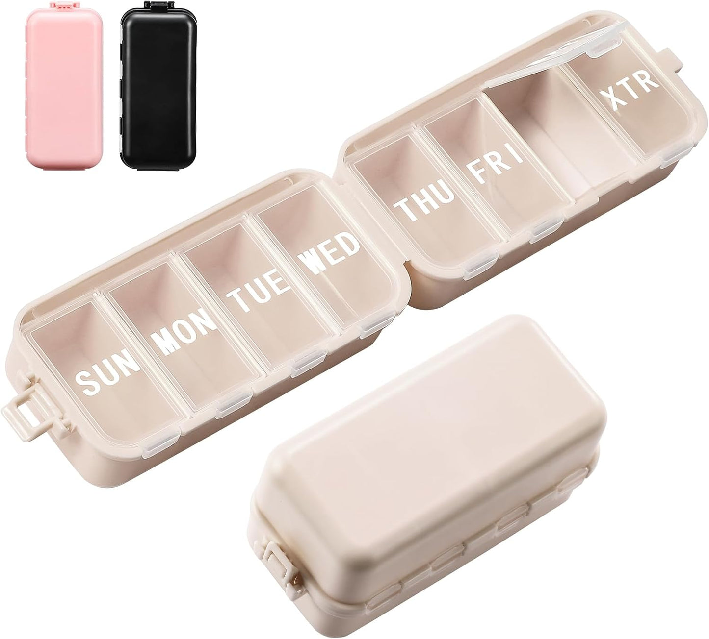 NEW Foldable Weekly Pill Organizer with Extra Grid, Portable 7 Day Box Once / 1 Time a Day, Week Daily Medicine - Large Travel Case Holder Dispenser for Vitamin, Supplement-Khaki Khaki