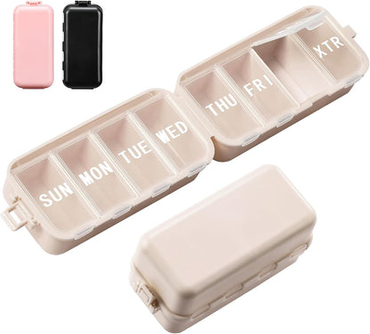 NEW Foldable Weekly Pill Organizer with Extra Grid, Portable 7 Day Box Once / 1 Time a Day, Week Daily Medicine - Large Travel Case Holder Dispenser for Vitamin, Supplement-Khaki Khaki