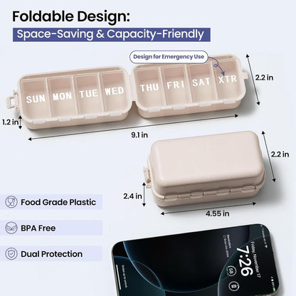 NEW Foldable Weekly Pill Organizer with Extra Grid, Portable 7 Day Box Once / 1 Time a Day, Week Daily Medicine - Large Travel Case Holder Dispenser for Vitamin, Supplement-Khaki Khaki