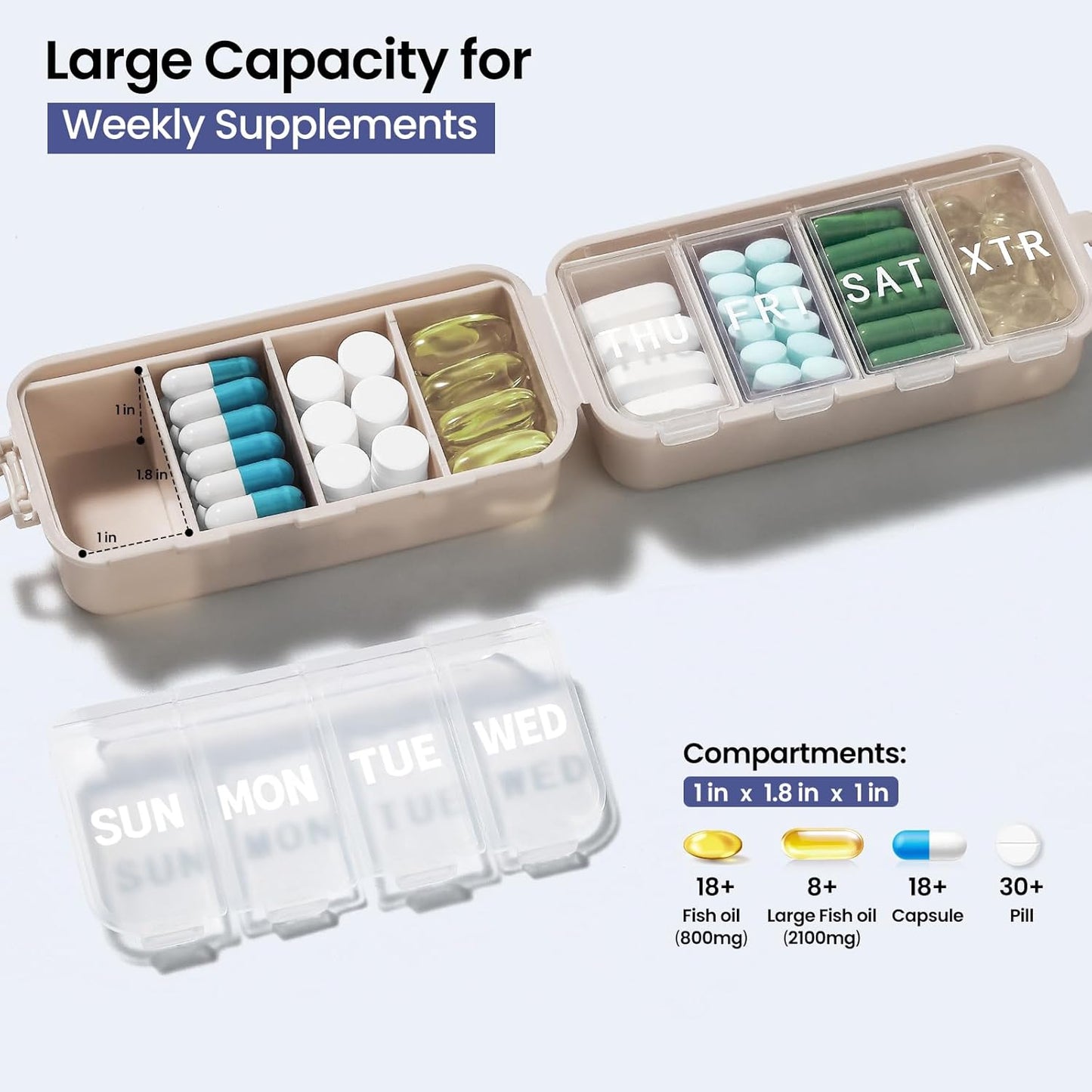 NEW Foldable Weekly Pill Organizer with Extra Grid, Portable 7 Day Box Once / 1 Time a Day, Week Daily Medicine - Large Travel Case Holder Dispenser for Vitamin, Supplement-Khaki Khaki