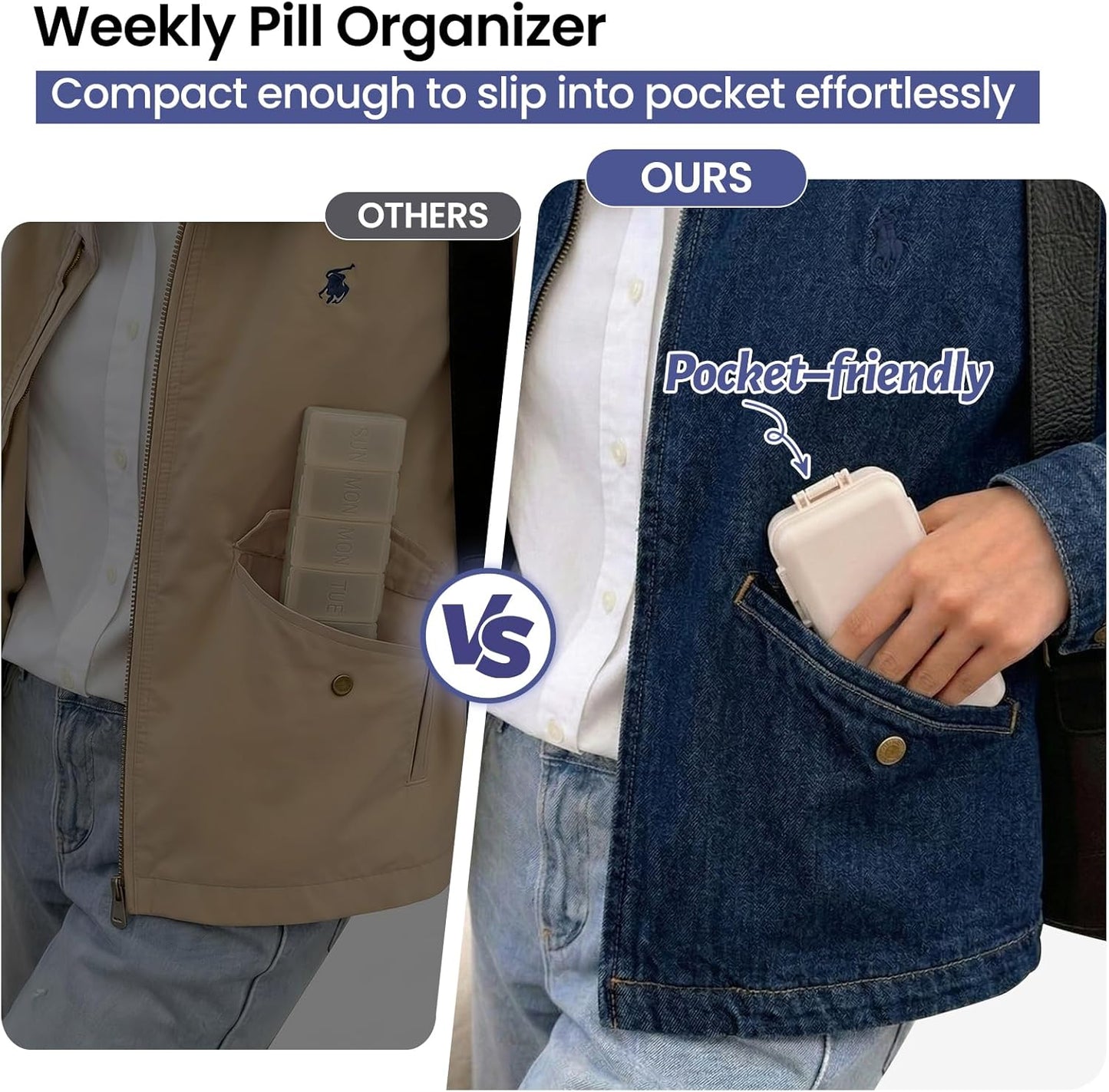 NEW Foldable Weekly Pill Organizer with Extra Grid, Portable 7 Day Box Once / 1 Time a Day, Week Daily Medicine - Large Travel Case Holder Dispenser for Vitamin, Supplement-Khaki Khaki
