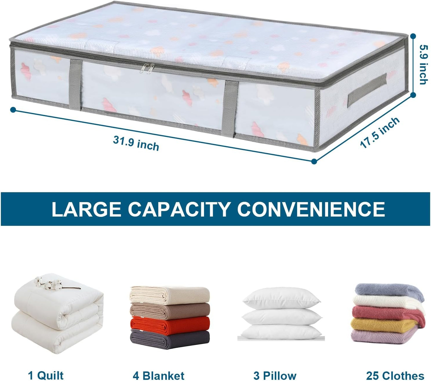 4 Packs Under Bed Storage Containers Bins, Humid-Proof Plastic Underbed Closet Organizers and Clothes Bags, the Blanket with Handles for Clothes,Bedroom -