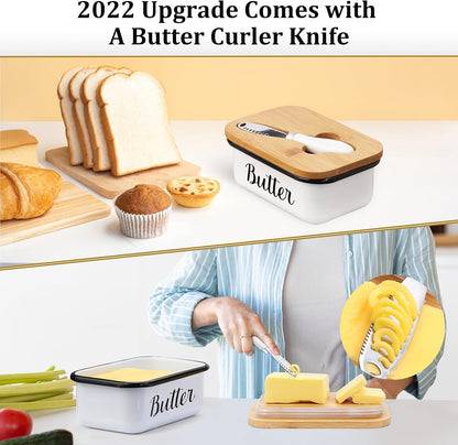 Butter Dish with Lid and Curler Knife - Unbreakable Stainless Steel Keeper Container Double Silicone Sealing, for Kitchen Farmhouse Decor White