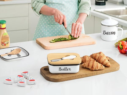 Butter Dish with Lid and Curler Knife - Unbreakable Stainless Steel Keeper Container Double Silicone Sealing, for Kitchen Farmhouse Decor White
