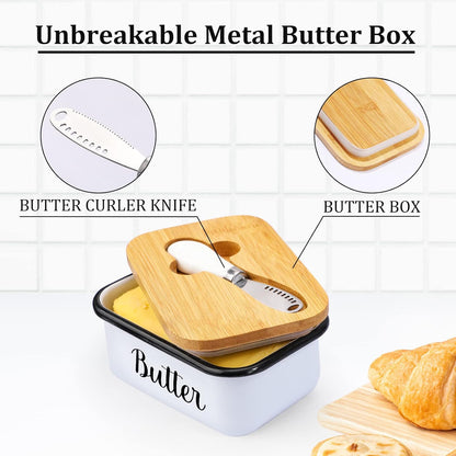 Butter Dish with Lid and Curler Knife - Unbreakable Stainless Steel Keeper Container Double Silicone Sealing, for Kitchen Farmhouse Decor White