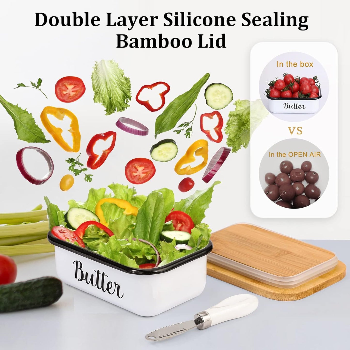 Butter Dish with Lid and Curler Knife - Unbreakable Stainless Steel Keeper Container Double Silicone Sealing, for Kitchen Farmhouse Decor White