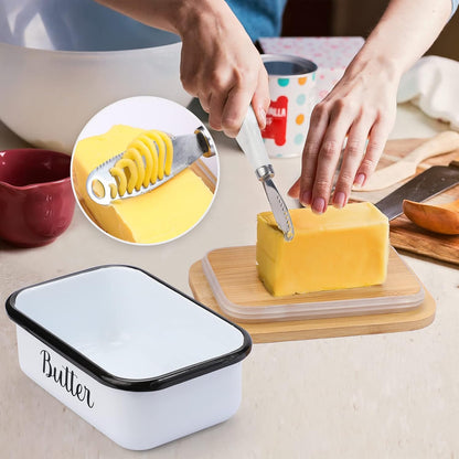 Butter Dish with Lid and Curler Knife - Unbreakable Stainless Steel Keeper Container Double Silicone Sealing, for Kitchen Farmhouse Decor White