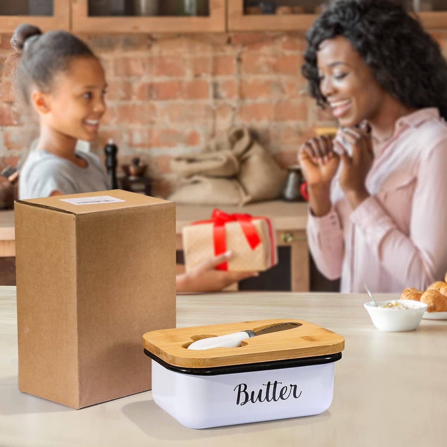 Butter Dish with Lid and Curler Knife - Unbreakable Stainless Steel Keeper Container Double Silicone Sealing, for Kitchen Farmhouse Decor White