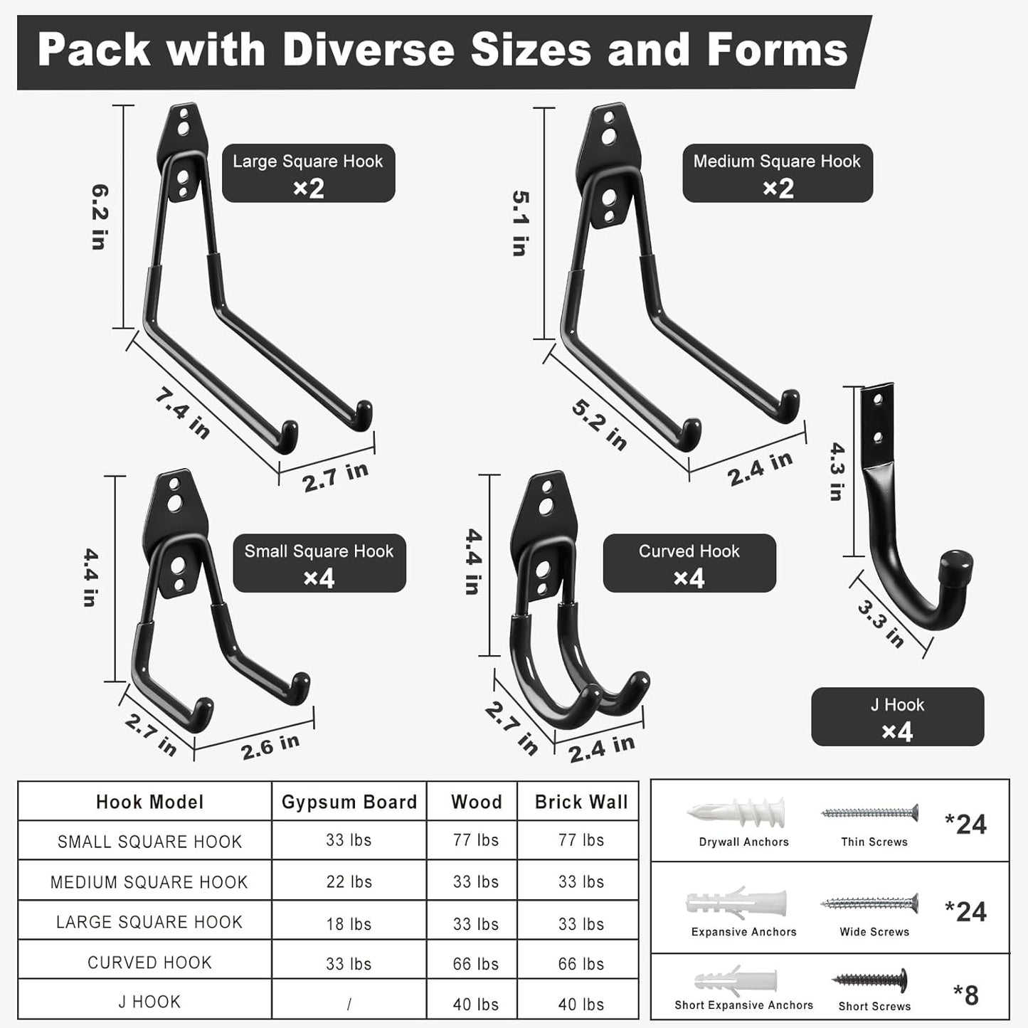 Garage Hooks, 20-Pack Steel Accessories for Organization and Storage, Heavy Wall Mount Duty Hooks with Anti-Slip Coating Hanging Ladder, Bike, Power Tools More Tools, Black -