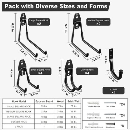 Garage Hooks, 20-Pack Steel Accessories for Organization and Storage, Heavy Wall Mount Duty Hooks with Anti-Slip Coating Hanging Ladder, Bike, Power Tools More Tools, Black -
