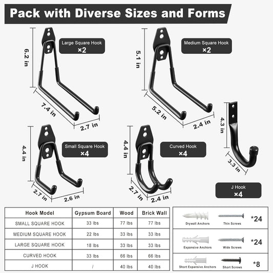 Garage Hooks, 20-Pack Steel Accessories for Organization and Storage, Heavy Wall Mount Duty Hooks with Anti-Slip Coating Hanging Ladder, Bike, Power Tools More Tools, Black -