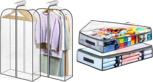 2 Packs Under Bed Storage Containers Bins-55L, Pack Clear Garment Bags-40'' Long -