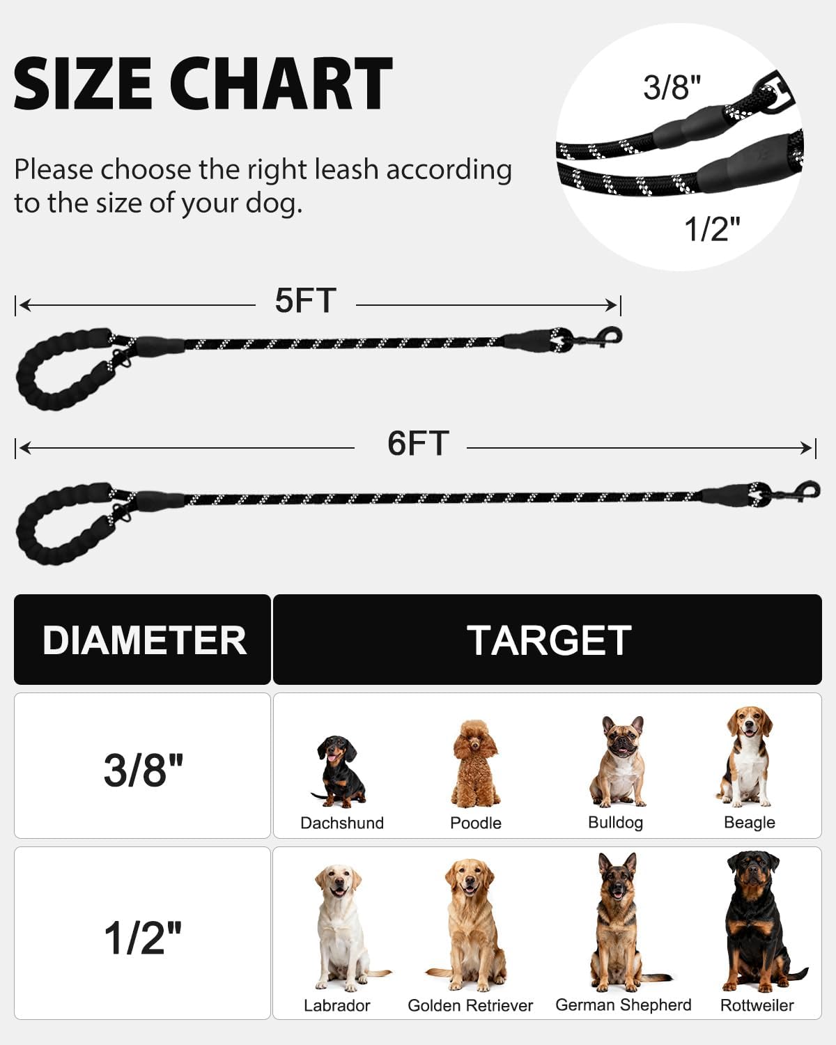 Dog Leash for Large Dogs, Heavy Duty Nylon Leashes with Comfortable Padded Handle and Highly Reflective Threads, Ideal Walking Training, Black, 6'×1/2'' Black 6FT×1/2'' (20~120 lbs)