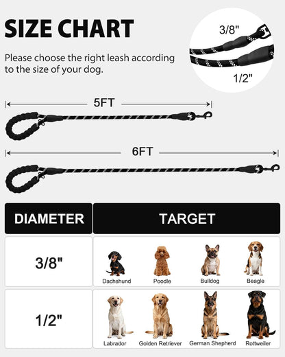 Dog Leash for Large Dogs, Heavy Duty Nylon Leashes with Comfortable Padded Handle and Highly Reflective Threads, Ideal Walking Training, Black, 6'×1/2'' Black 6FT×1/2'' (20~120 lbs)