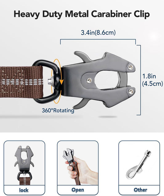 Tactical Dog Collar(17"-21") and Leash Set, Shock Absorbing Bungee Adjustable Strong Collar with Handle for Large Dogs(Brown, L) -