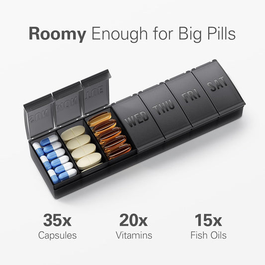 Pill Organizer Large, Weekly Medicine Organizers, 7 Day Pills Box Case Travel for Big Vitamin Supplements Fish Oil, Black -