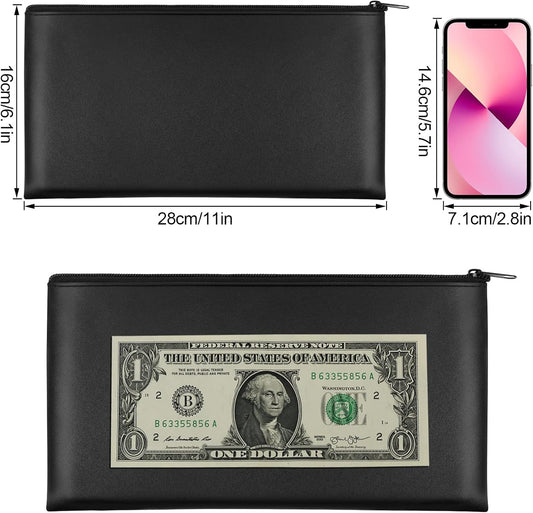 2 Pieces Money Bags with Zipper, 11x6.1 inch Pouch, Bank Bag, Cash Check Wallet, Cosmetics Black