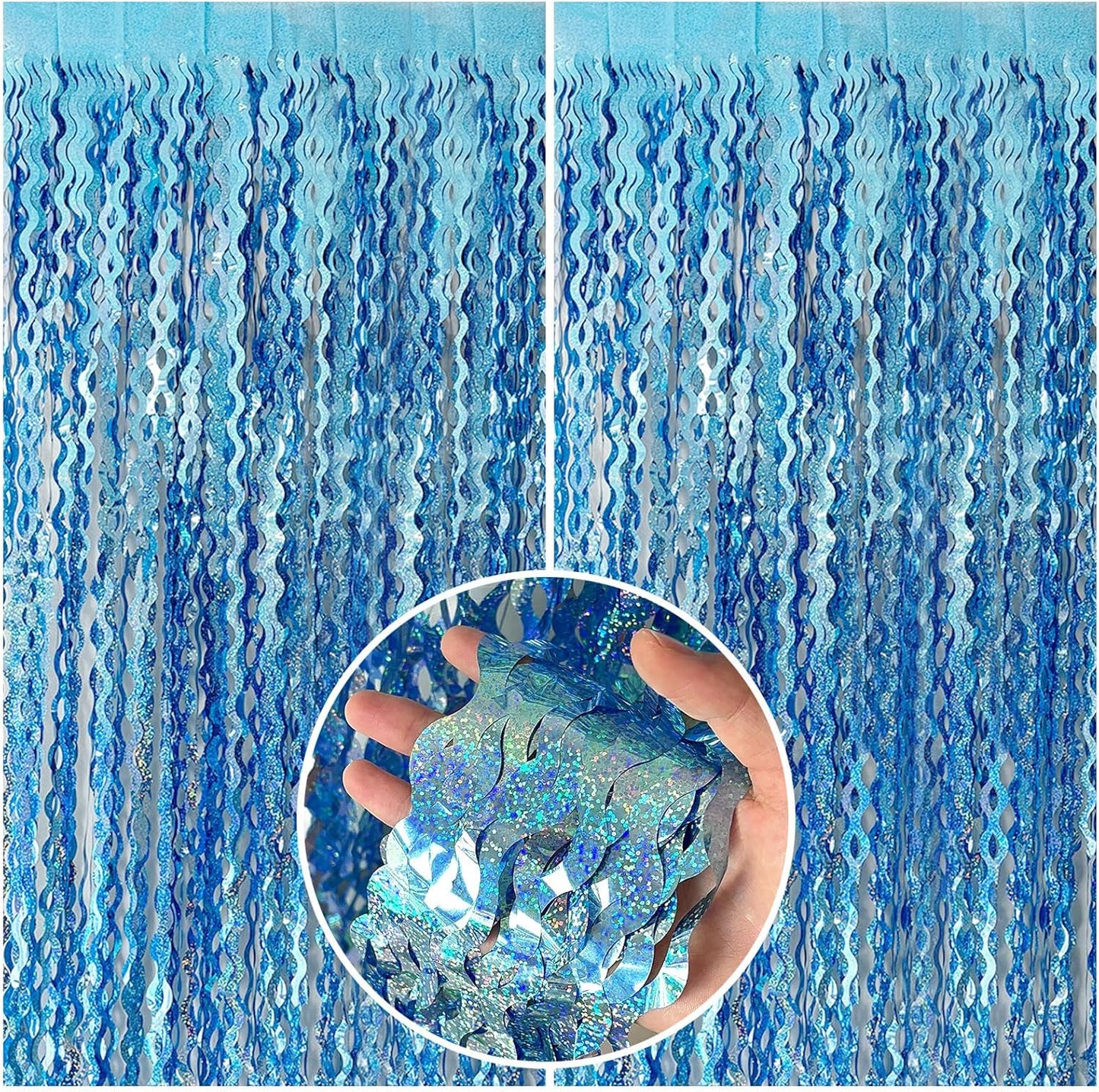 Tinsel Foil Fringe Curtains Wavy Backdrop for Parties Sparkle Metallic Curtain Party Decorations Photo Booth Props Birthday Graduation Wedding Light Blue 2 Pack