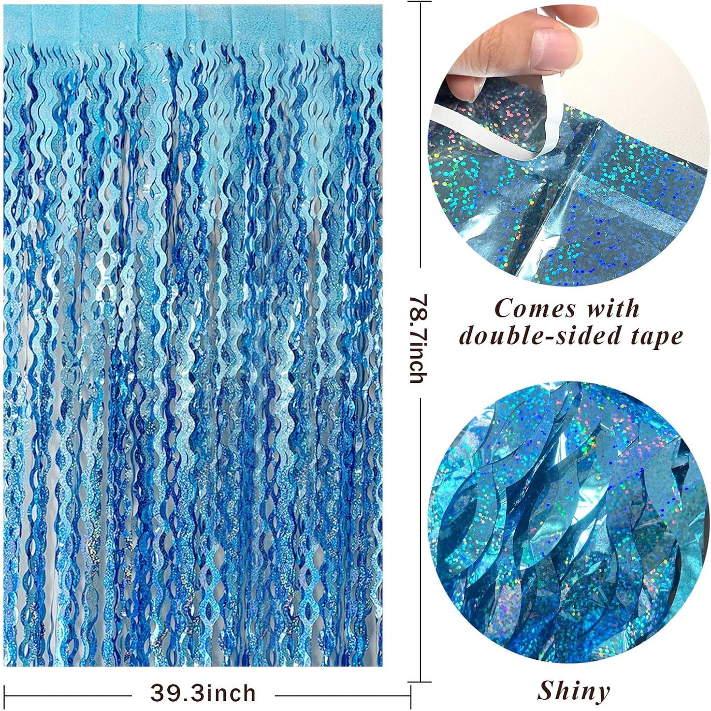 Tinsel Foil Fringe Curtains Wavy Backdrop for Parties Sparkle Metallic Curtain Party Decorations Photo Booth Props Birthday Graduation Wedding Light Blue 2 Pack