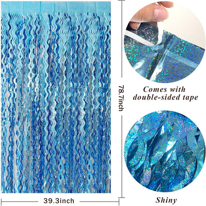 Tinsel Foil Fringe Curtains Wavy Backdrop for Parties Sparkle Metallic Curtain Party Decorations Photo Booth Props Birthday Graduation Wedding Light Blue 2 Pack
