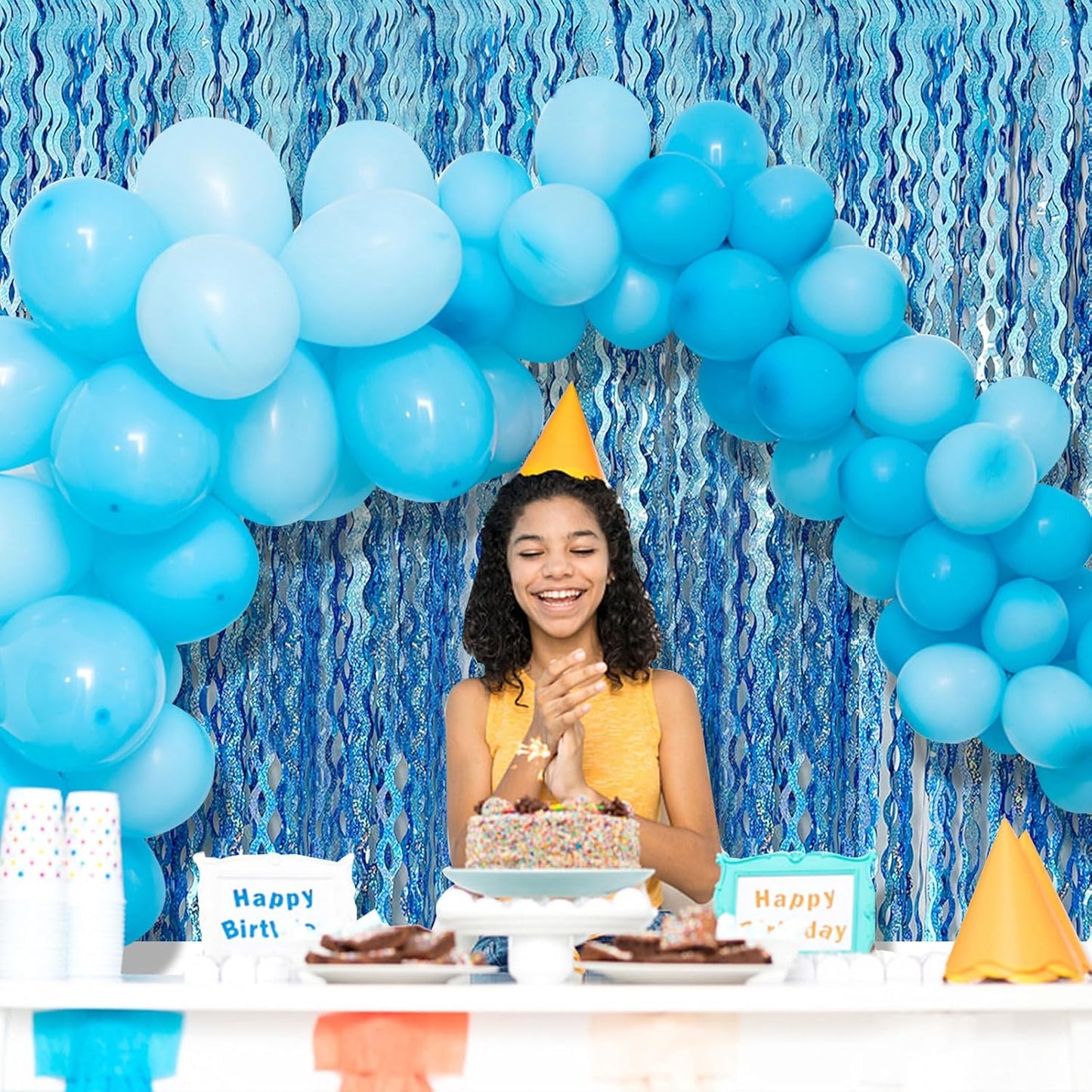 Tinsel Foil Fringe Curtains Wavy Backdrop for Parties Sparkle Metallic Curtain Party Decorations Photo Booth Props Birthday Graduation Wedding Light Blue 2 Pack