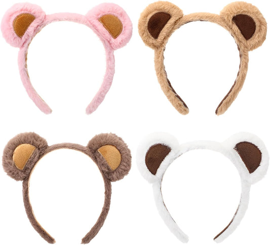 4 Pcs Bear Ears Headbands Bulk for Adults Kids Plush Animal Fluffy Cute Hair Hoops Accessories Birthday Party Cosplay Dress up Makeup Washing Face Women Valentine Girls -
