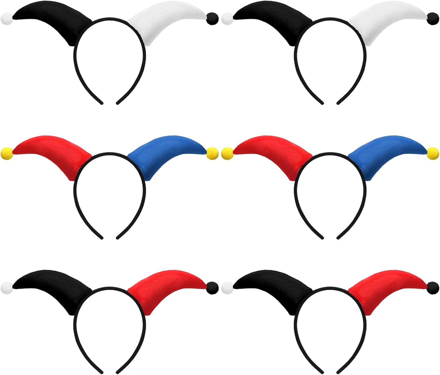 6 Pcs Clown Headband Soft Headbands for Mardi Gras Parties Carnival Circus Events Durable Reusable Hairband Black, Red, Blue, White -