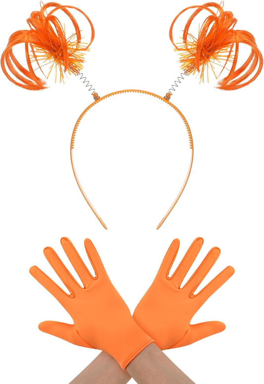 Halloween Dress up Set Included Orange Wig and Wrist Spandex Gloves Headband Ponytails Head Bopper Cosplay Costume for Women Men Adult Party Supplies Headwear Accessory -