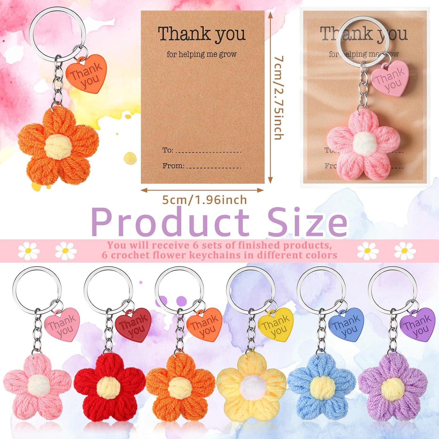 Graduation Teacher Appreciation Gift Bulk Crochet Flower Keychain with Thank You Card for Helping Me Grow Multi Color -