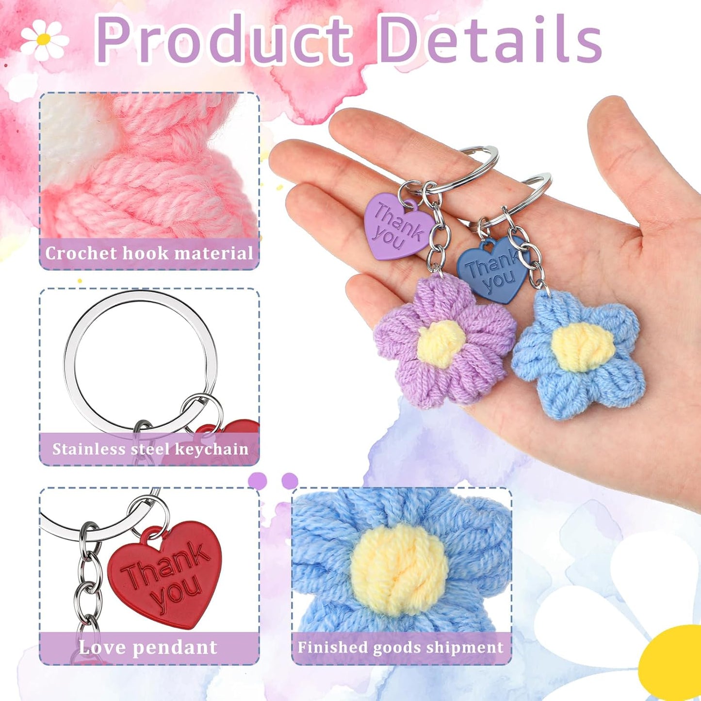 Graduation Teacher Appreciation Gift Bulk Crochet Flower Keychain with Thank You Card for Helping Me Grow Multi Color -