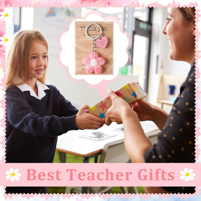 Graduation Teacher Appreciation Gift Bulk Crochet Flower Keychain with Thank You Card for Helping Me Grow Multi Color -