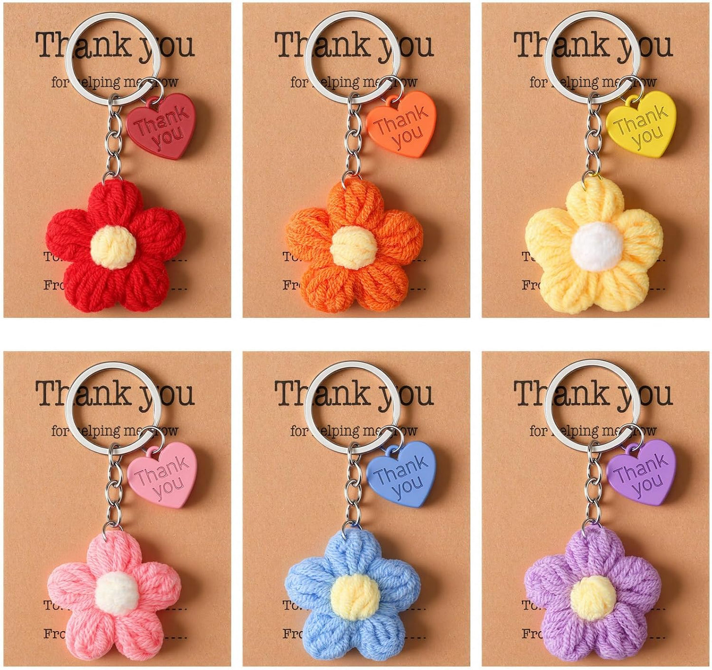 Graduation Teacher Appreciation Gift Bulk Crochet Flower Keychain with Thank You Card for Helping Me Grow Multi Color -