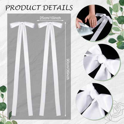 24 Pcs Large Wedding Ribbon Bows with Long Tails 10 x 36 Inch Aisle Decor On Chairs Background for Bridal Shower Reception Ceremony(White) White -