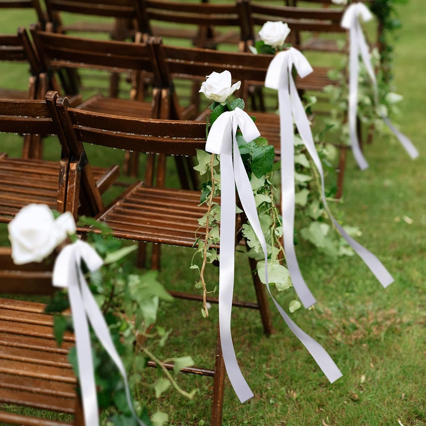 24 Pcs Large Wedding Ribbon Bows with Long Tails 10 x 36 Inch Aisle Decor On Chairs Background for Bridal Shower Reception Ceremony(White) White -