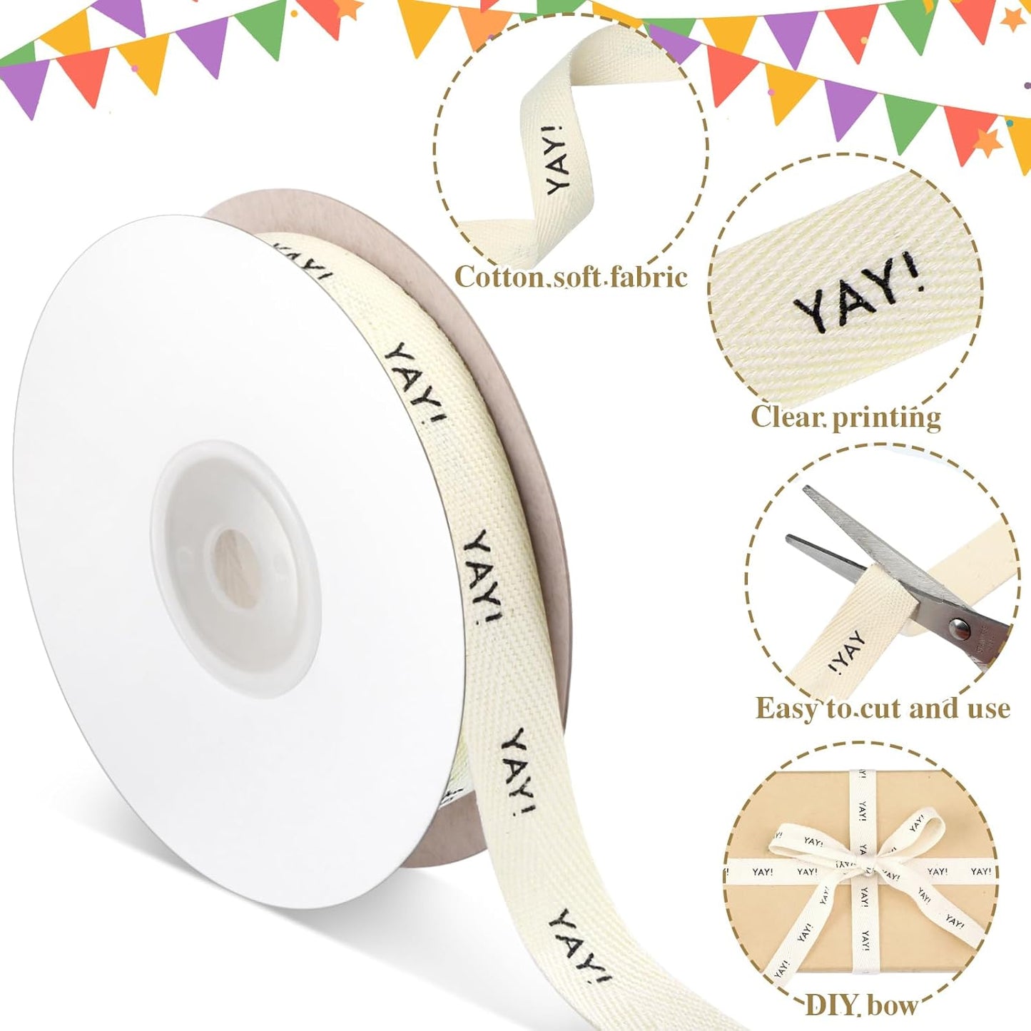 20 Yards Yay Cotton Ribbon, Natural 5/8 Inch 100% Herringbone Twill Ribbon for Crafts Gift Wrapping Birthday Decorations, 2 Rolls -
