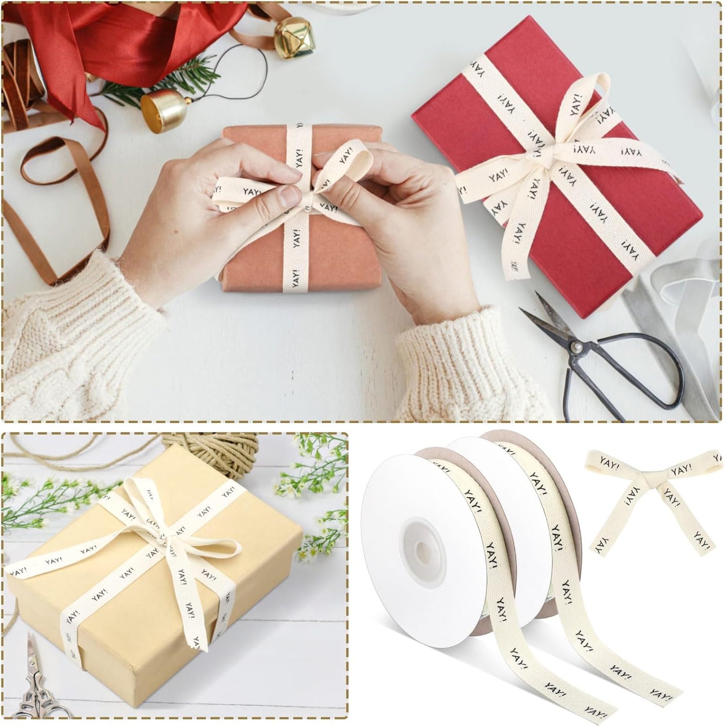 20 Yards Yay Cotton Ribbon, Natural 5/8 Inch 100% Herringbone Twill Ribbon for Crafts Gift Wrapping Birthday Decorations, 2 Rolls -