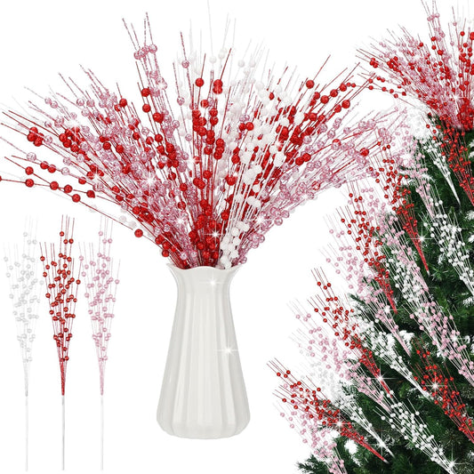 18 Pcs Mother's Day Decoration Valentines Floral Picks Tree Decorations 17 Inch Red and Pink Glitter Berry Spray Christmas Decor for Wreaths Centerpieces Wedding Anniversary -