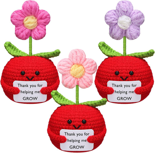 3 Pcs Teacher Appreciation Gifts Easter Gift Positive Flower Handmade Crochet Doll Thank You for Helping Me Grow Teachers Week(Apple) -